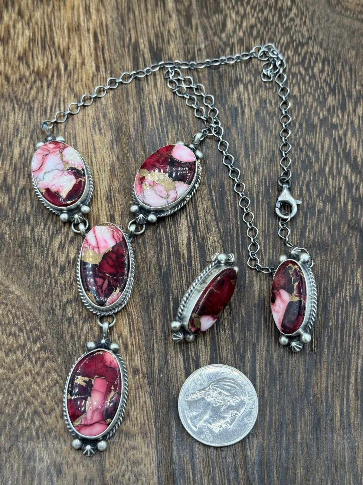 Navajo Handmade Sterling Silver Dahlia Rose Lariat Necklace Set 18”