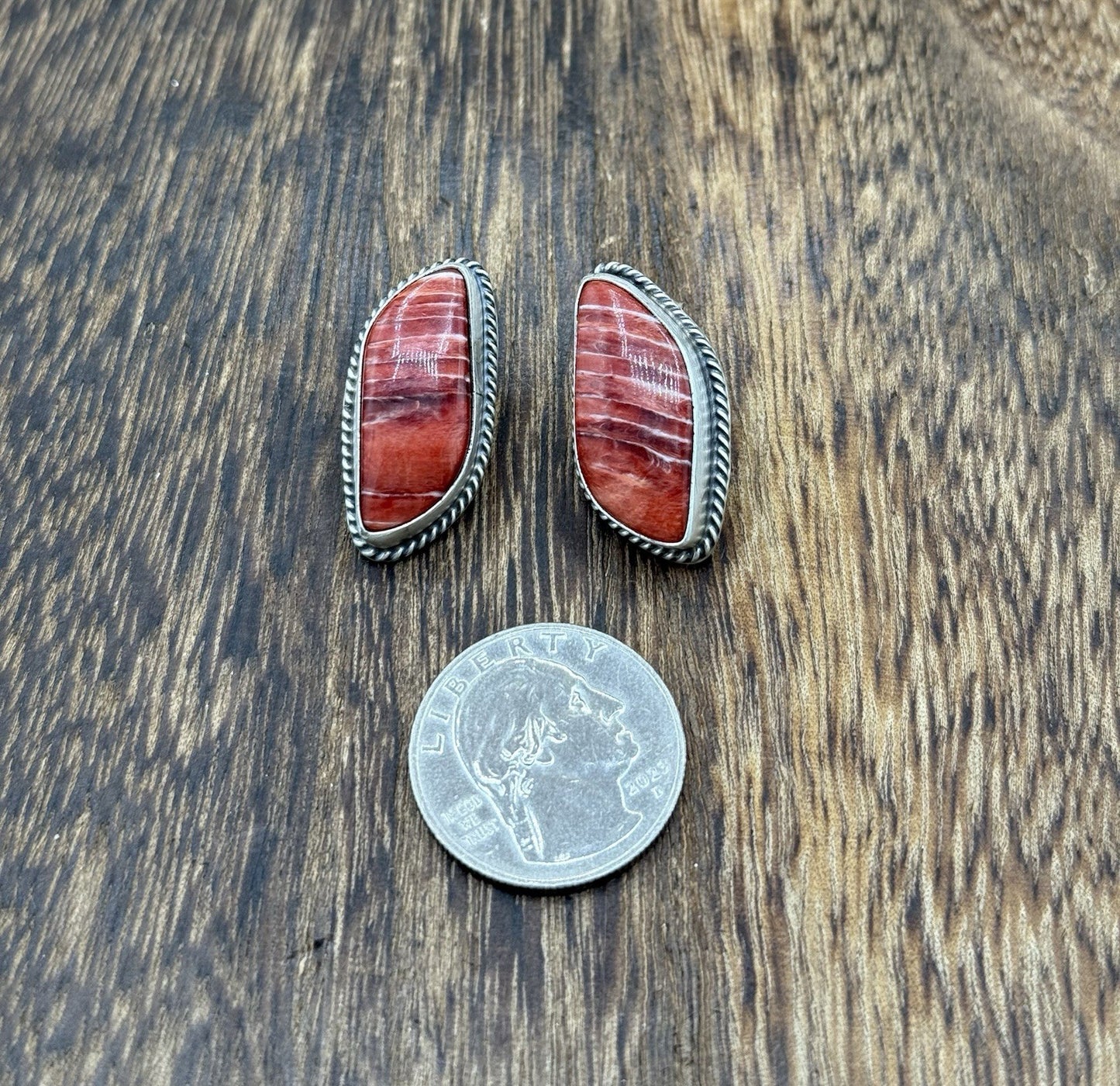 Native Navajo Handmade Sterling Silver Red Spiny Oyster Shell Post Stud Earrings