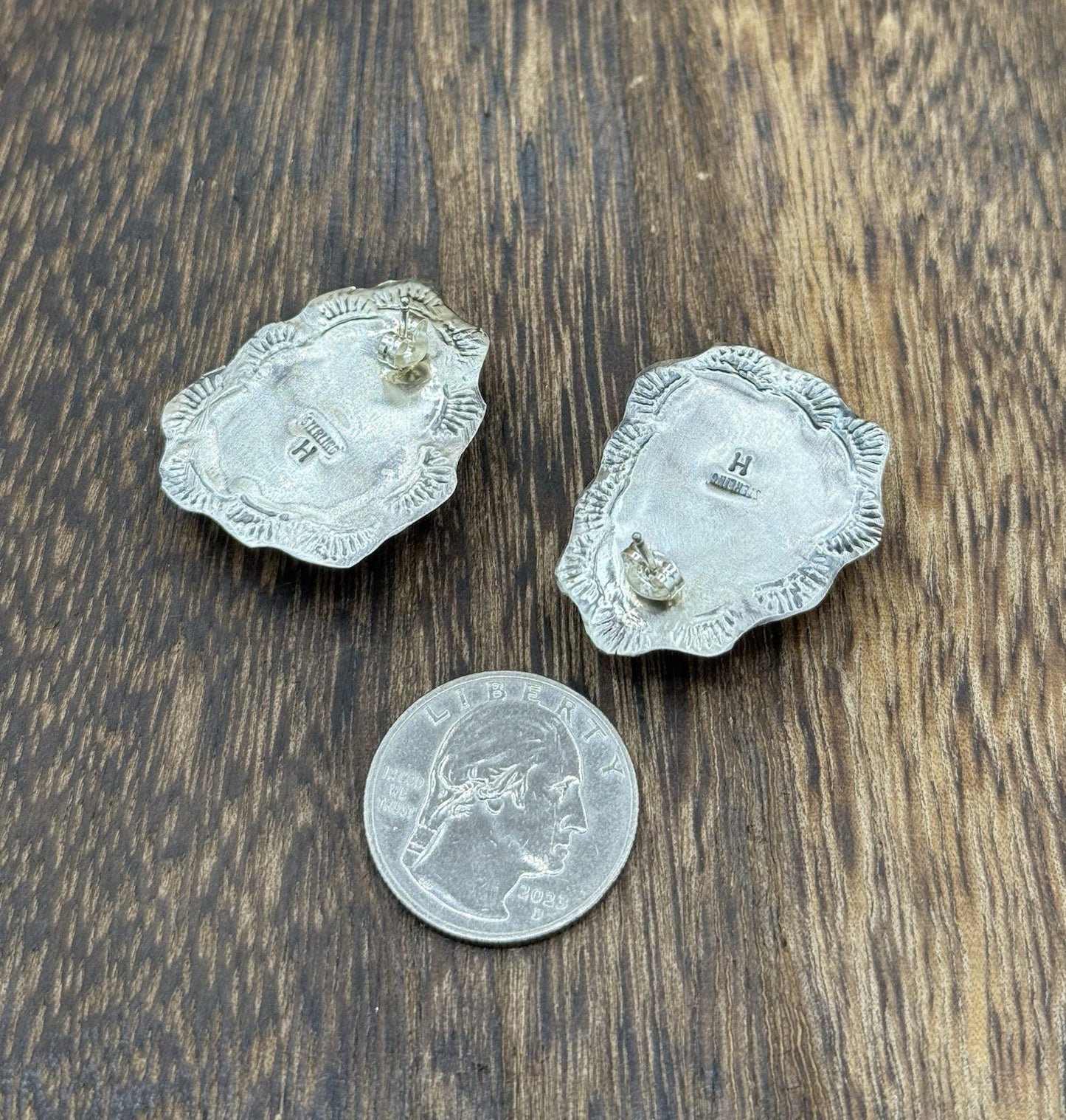 Navajo Handmade Sterling Silver Red Spiny Oyster Shell Stamped Post Earrings