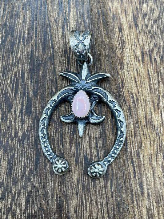 Native American Indian  Navajo Handmade Silver Old Look Pink Concho Naja Pendant