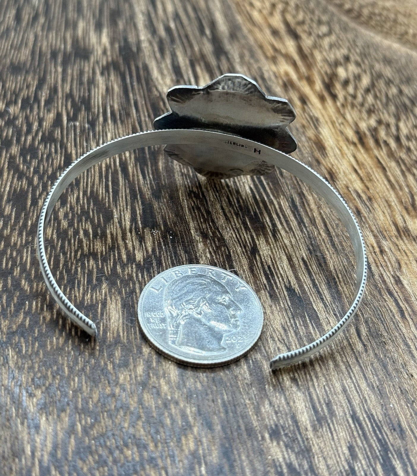 Native Navajo Handmade Sterling Silver Kingman Turquoise Cuff Stamped Bracelet