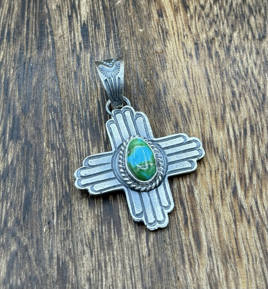 Navajo Handmade Sterling Silver Old Look Sonoran Gold Turquoise Zia Pendant