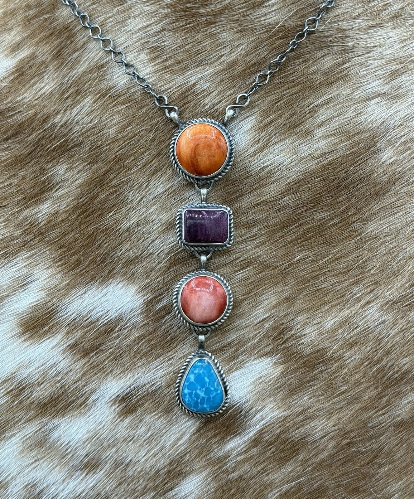 Navajo Handmade Sterling Silver Multi Color Mixed Stone Lariat Necklace 18”