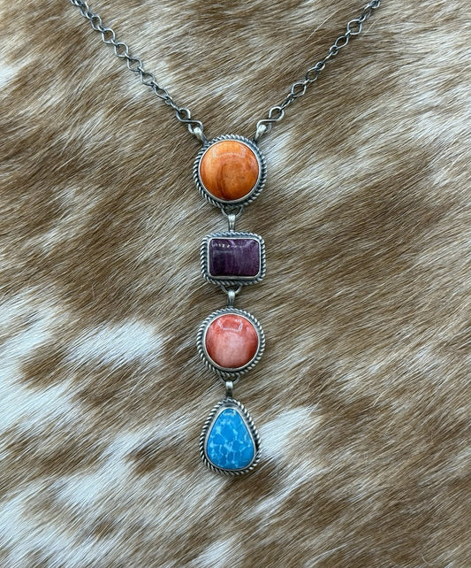 Navajo Handmade Sterling Silver Multi Color Mixed Stone Lariat Necklace 18”