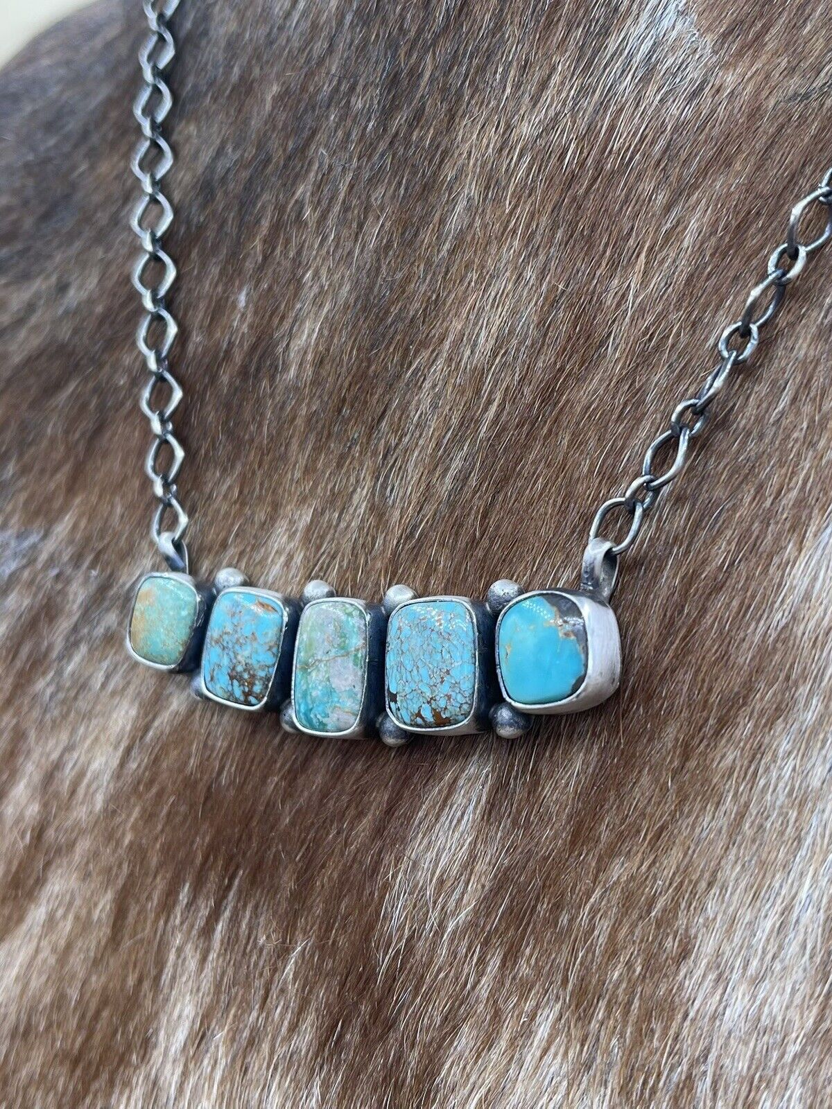 Native American Navajo Handmade Sterling Silver Mixed Turquoise Bar Necklace 18”