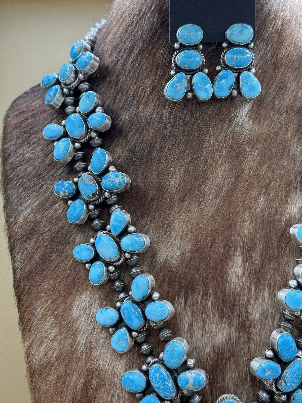 Navajo Handmade Sterling Silver Blue Ridge Turquoise Squash Blossom Necklace