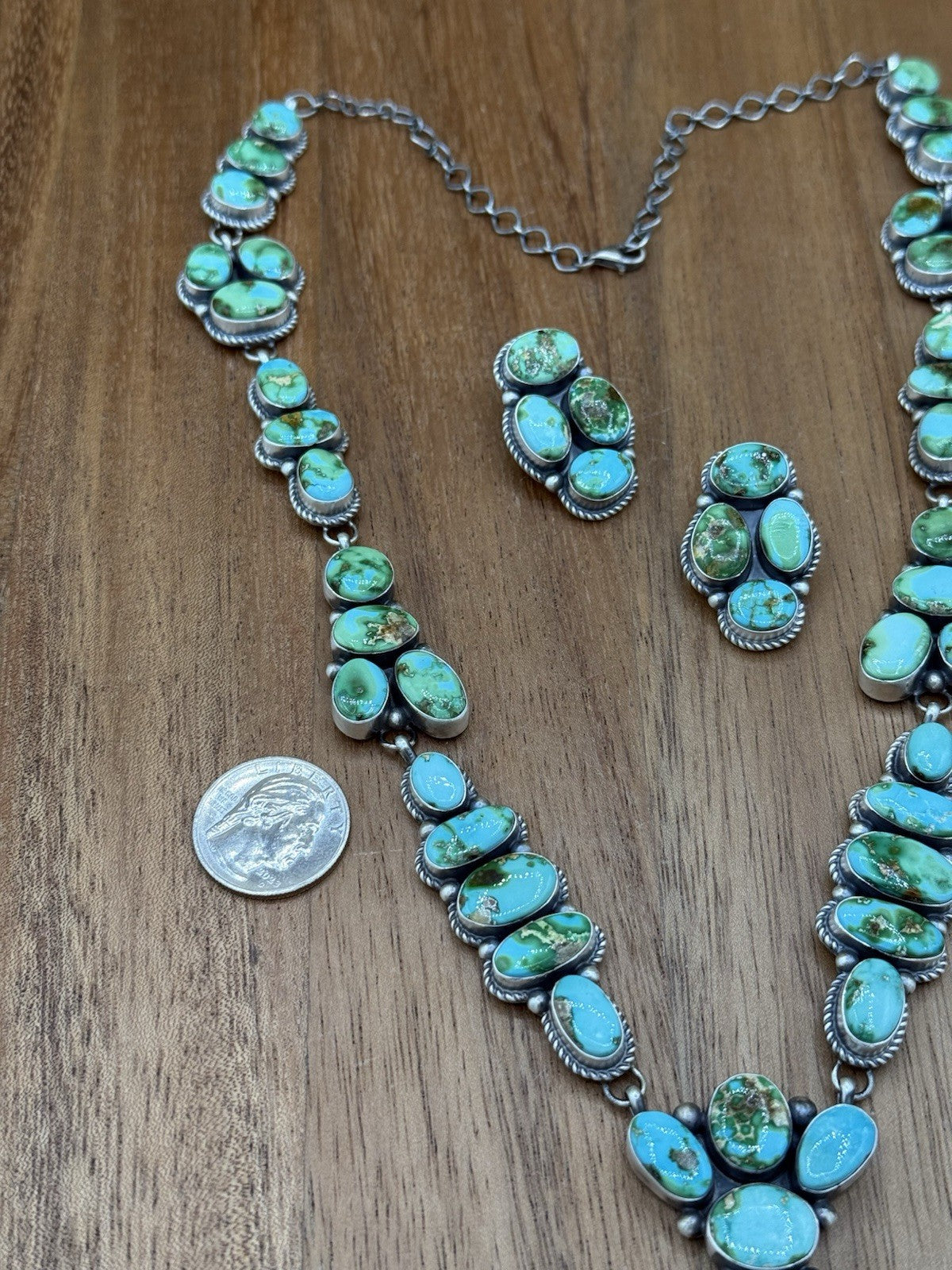 Navajo Handmade Sterling Silver Sonoran Gold Turquoise Cluster Lariat Necklace