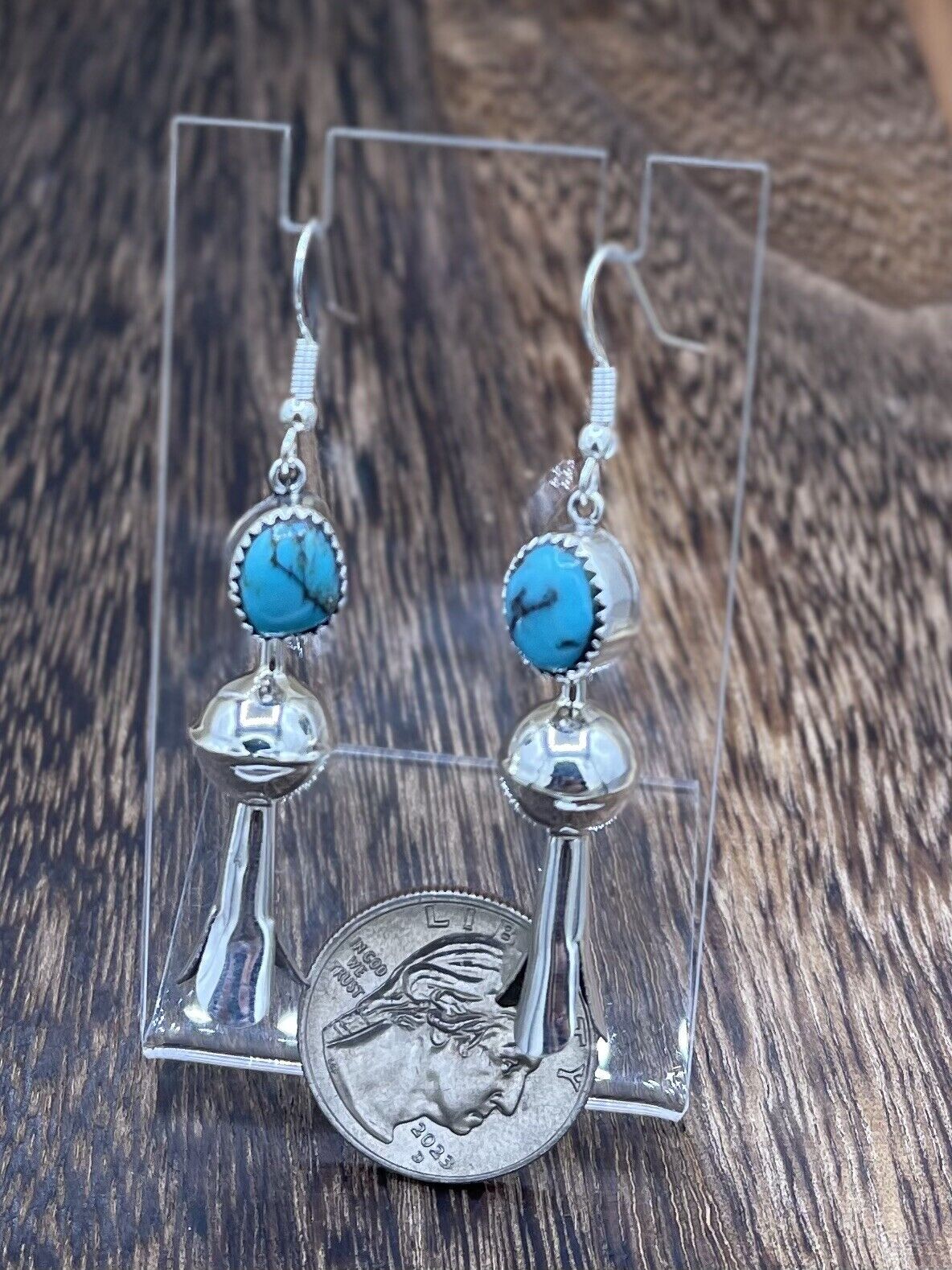 Native American Silver Navajo Handmade Turquoise Dangle Blossom Earrings shiny