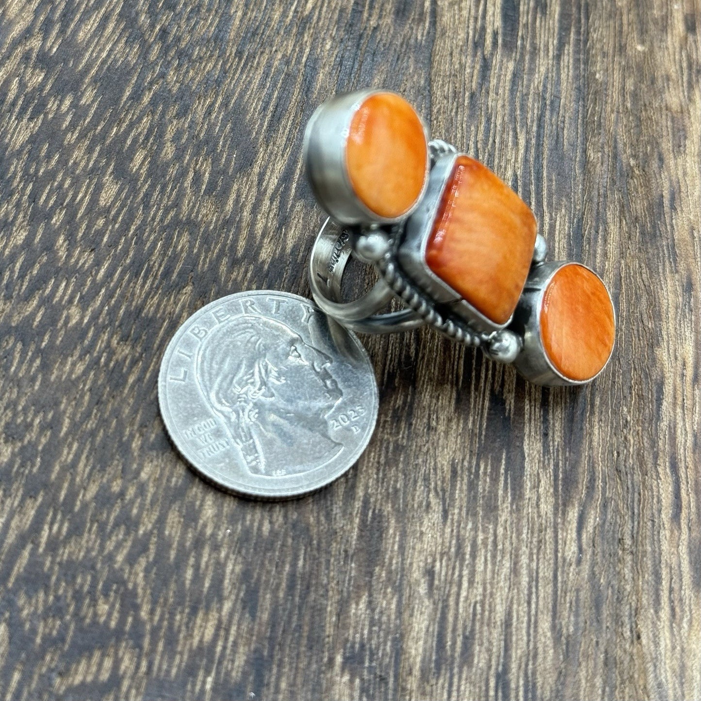 Navajo Handmade Sterling Silver Orange Spiny Oyster Shell Cluster Ring Size 7