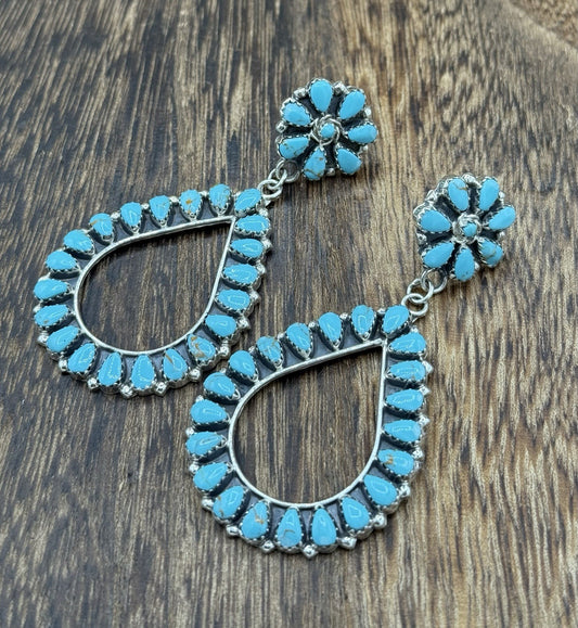 Navajo Handmade Sterling Silver Turquoise Cluster Post Drop earrings Large