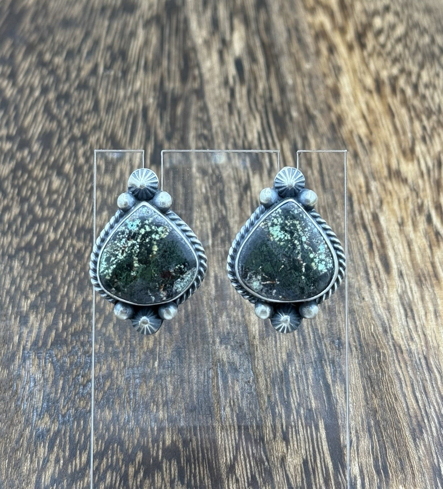 Navajo Handmade Sterling Silver Blackjack Turquoise Old Look Post Stud Earrings