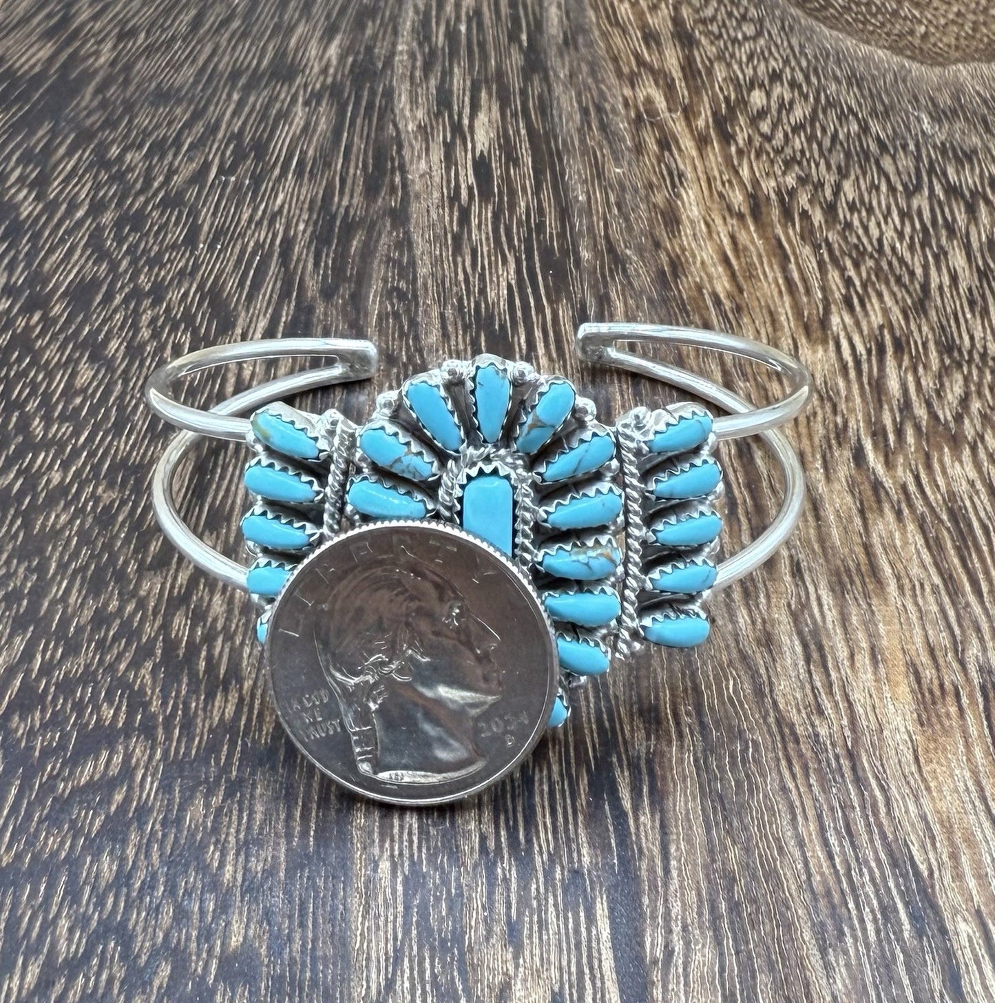 Navajo Handmade Sterling Silver Turquoise Traditional Cluster Cuff Bracelet