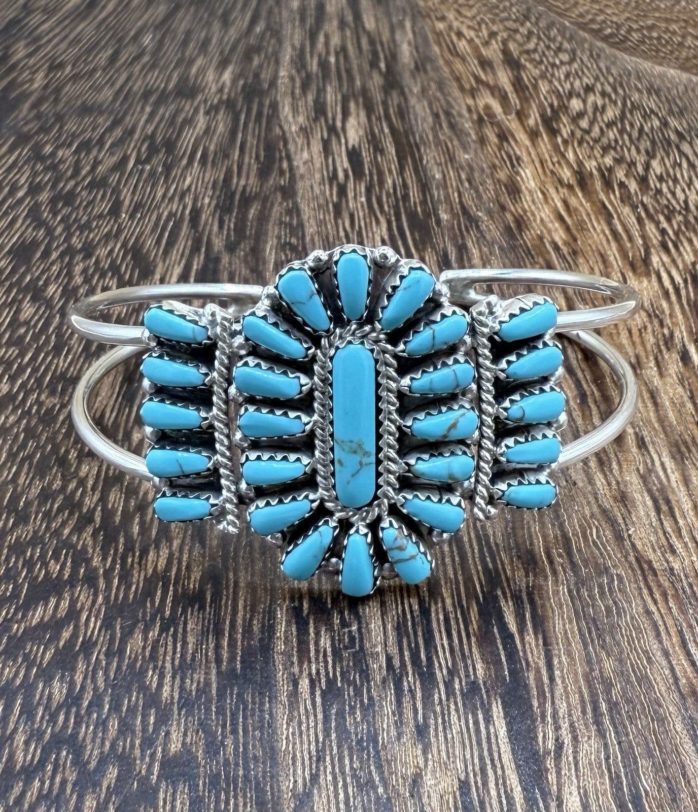 Navajo Handmade Sterling Silver Turquoise Traditional Cluster Cuff Bracelet