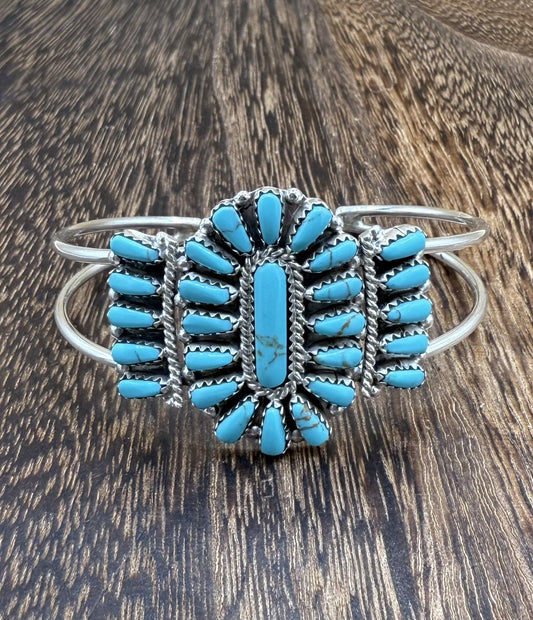 Navajo Handmade Sterling Silver Turquoise Traditional Cluster Cuff Bracelet