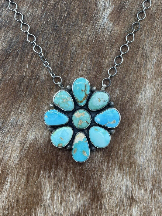 Native American Navajo Handmade Silver Sonoran Turquoise Cluster Bar Necklace