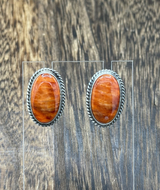 Navajo Handmade Sterling Silver Orange Spiny Oyster Post Earrings By Byron Begay