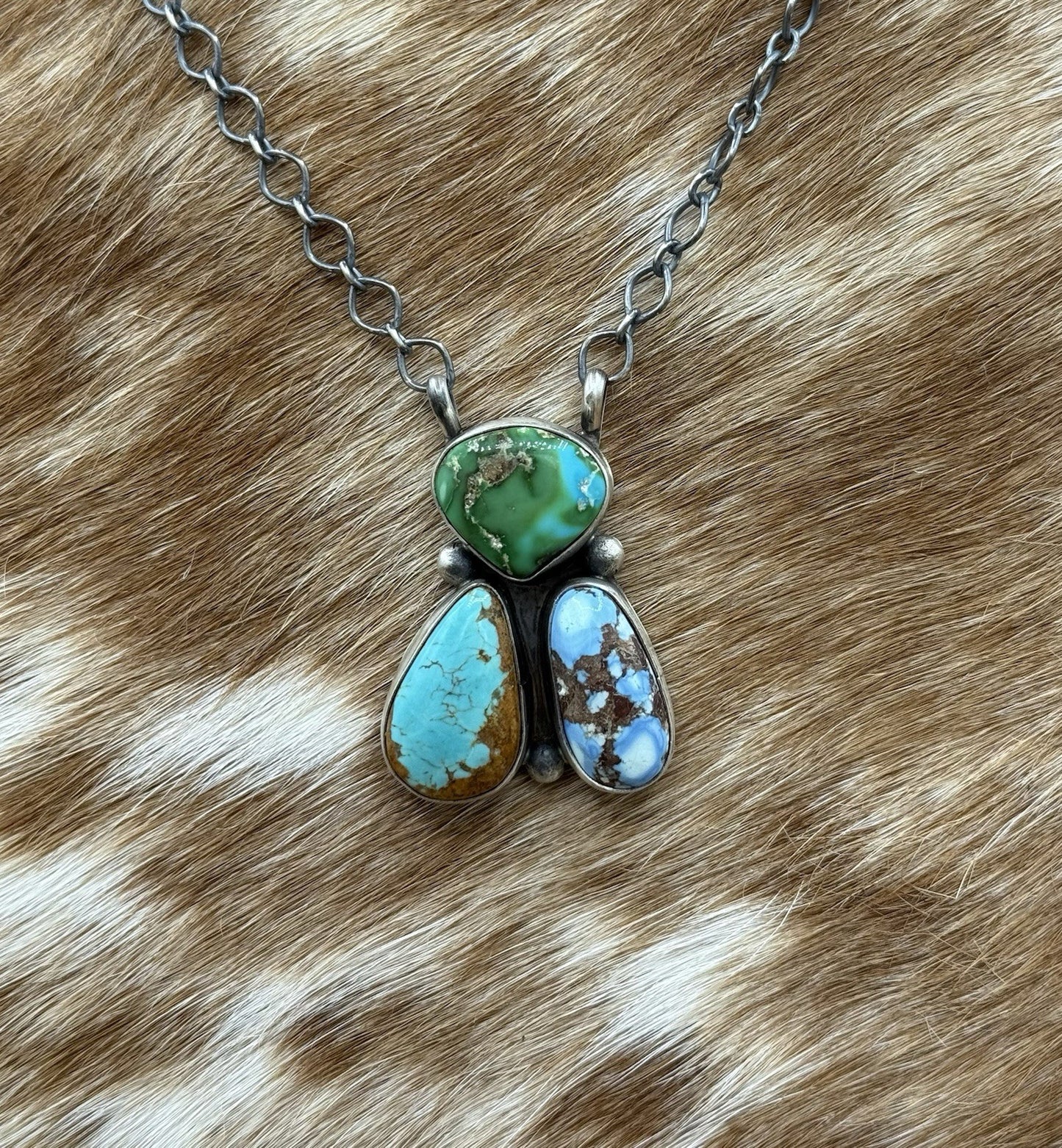 Navajo Handmade Sterling Silver Mixed Turquoise  Cluster Bar Necklace 18”