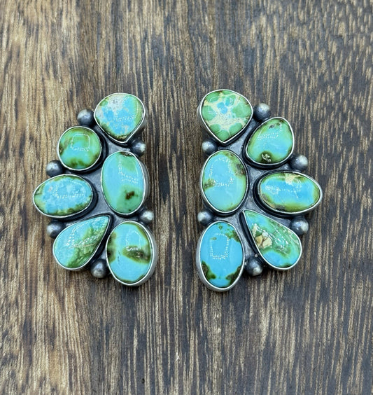 Navajo Handmade Sterling Silver Sonoran Gold Turquoise Half Cluster Earrings