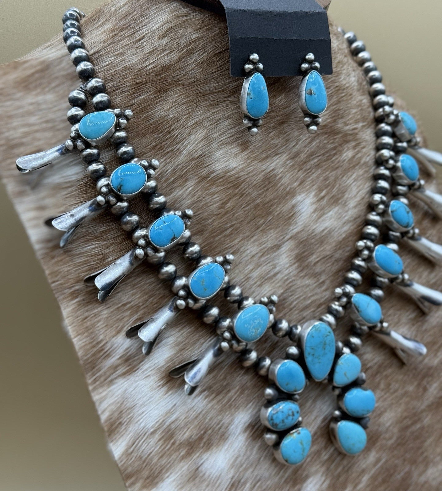 Navajo Handmade Sterling Silver Kingman Turquoise Squash Blossom Necklace 20”