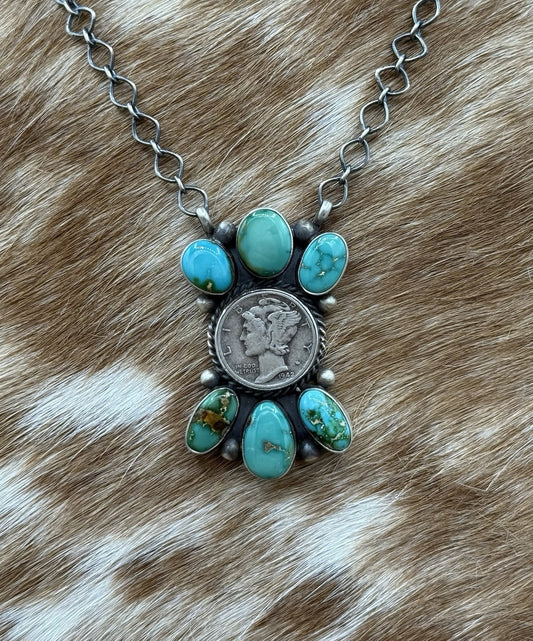 Navajo Handmade Silver Sonoran Gold Turquoise Liberty Coin Cluster Necklace 18”