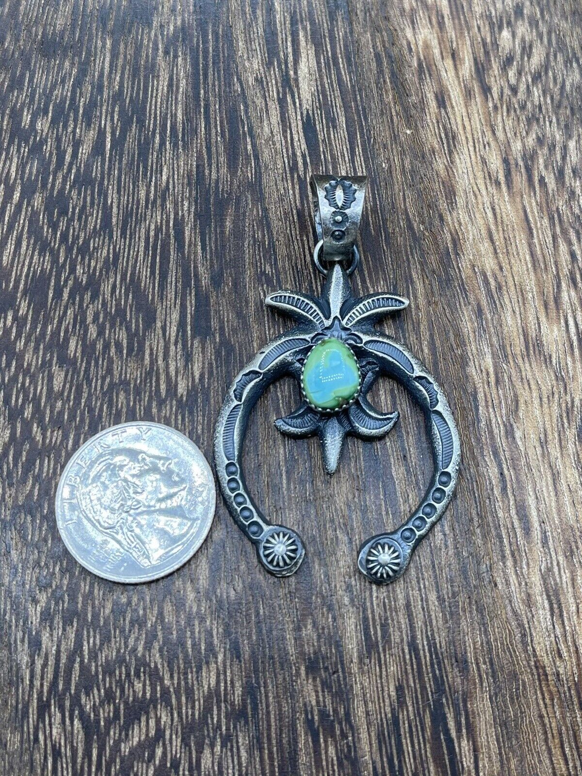 Native American Indian  Navajo Handmade Silver Old Look Turquoise Naja Pendant