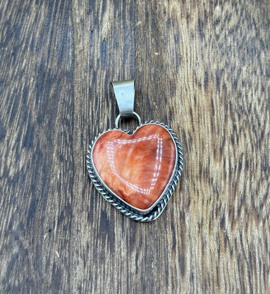Navajo Handmade Sterling Silver Red Spiny Oyster Shell Heart Shaped Pendant