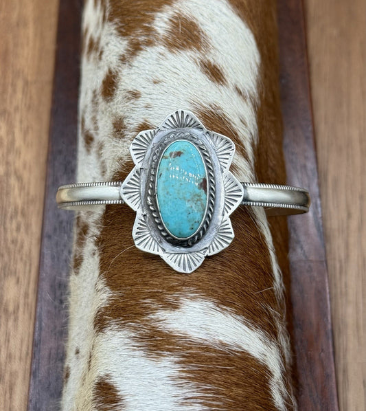 Native Navajo Handmade Sterling Silver Kingman Turquoise Cuff Stamped Bracelet