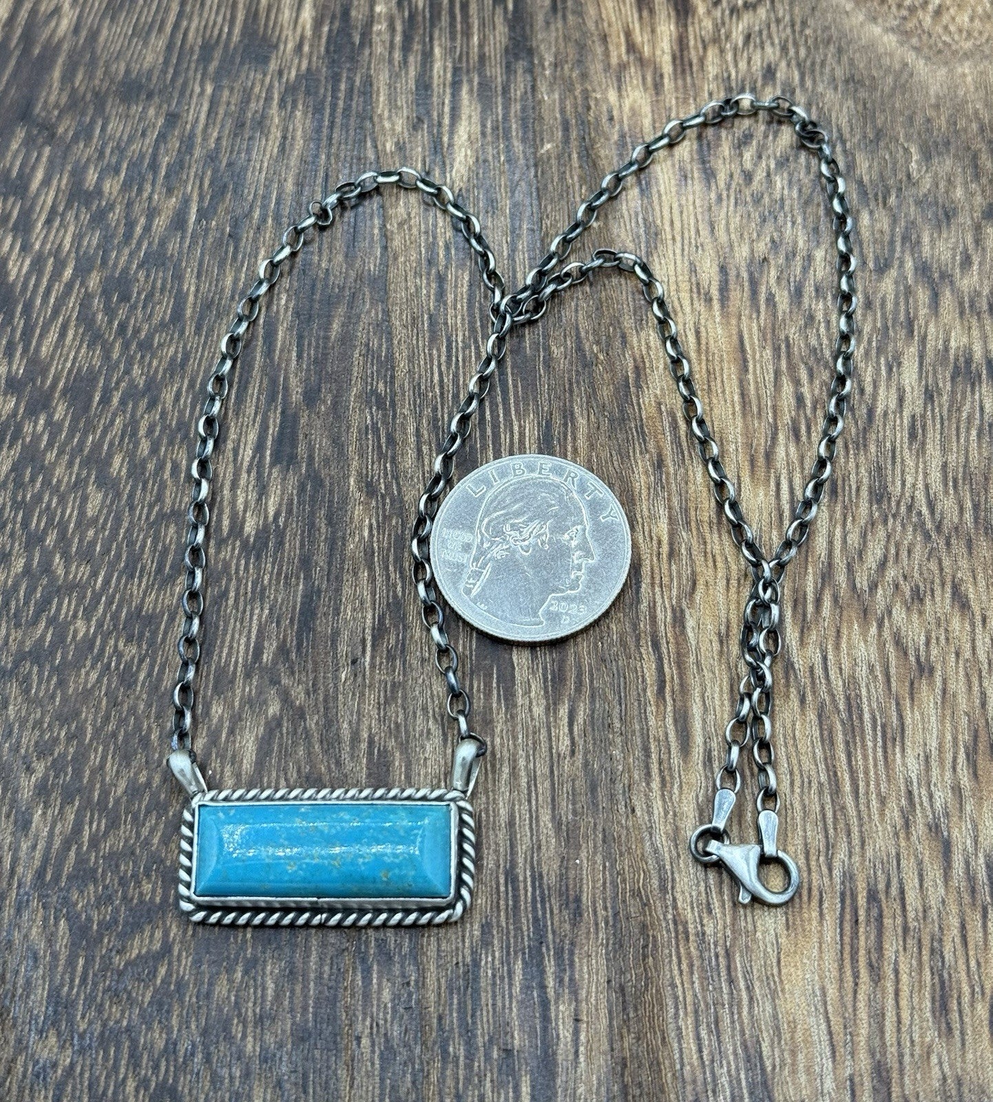 Native Navajo Handmade Sterling Silver Kingman Turquoise Bar Necklace 18”