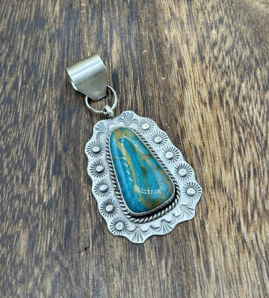 Navajo Handmade Sterling Silver Royston Turquoise Stamped Design Drop Pendant