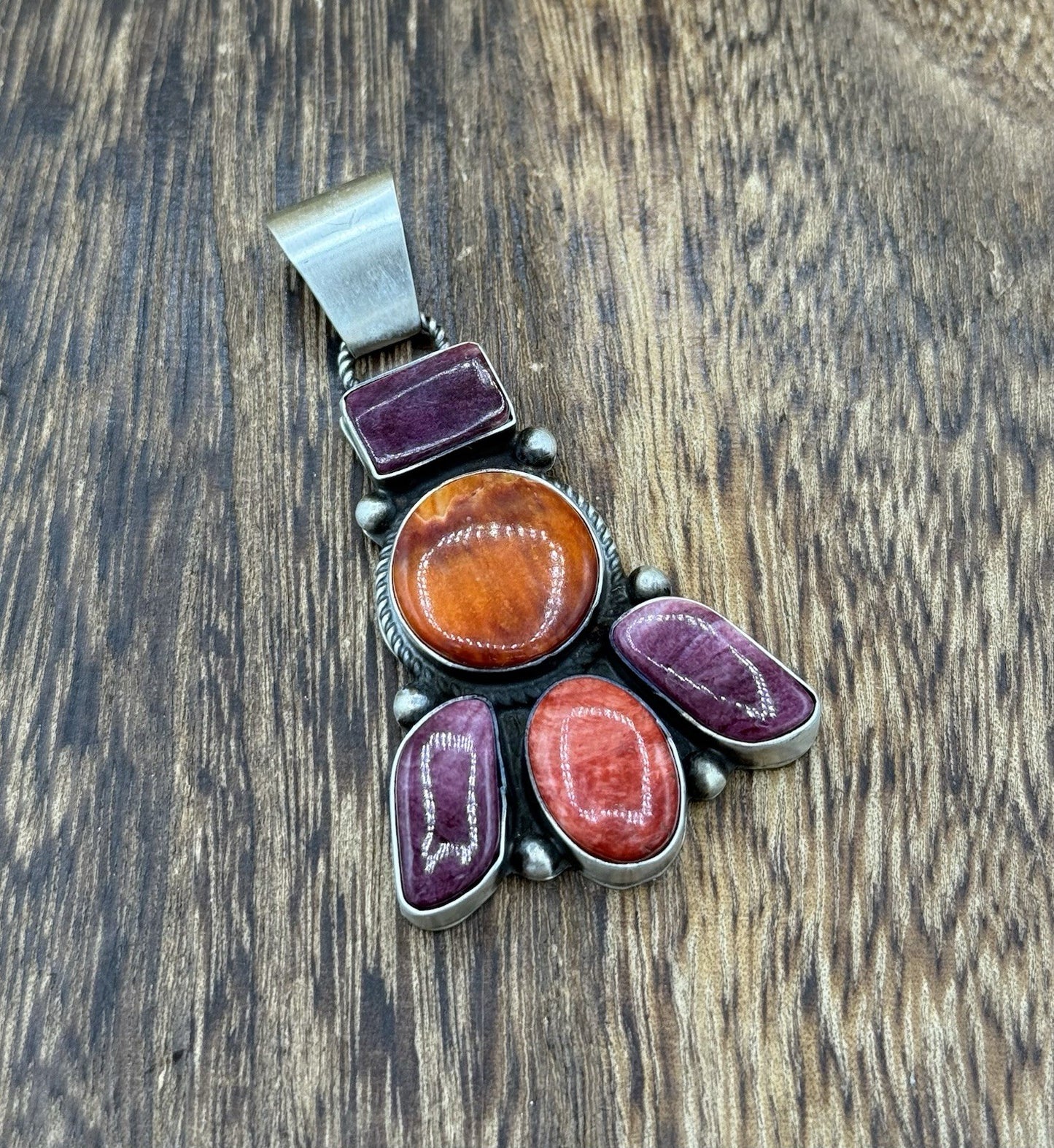 Native Navajo Handmade Sterling Silver Multi Spiny Oyster Shell Cluster Pendant