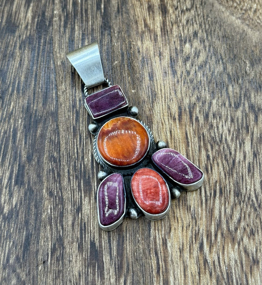 Native Navajo Handmade Sterling Silver Multi Spiny Oyster Shell Cluster Pendant