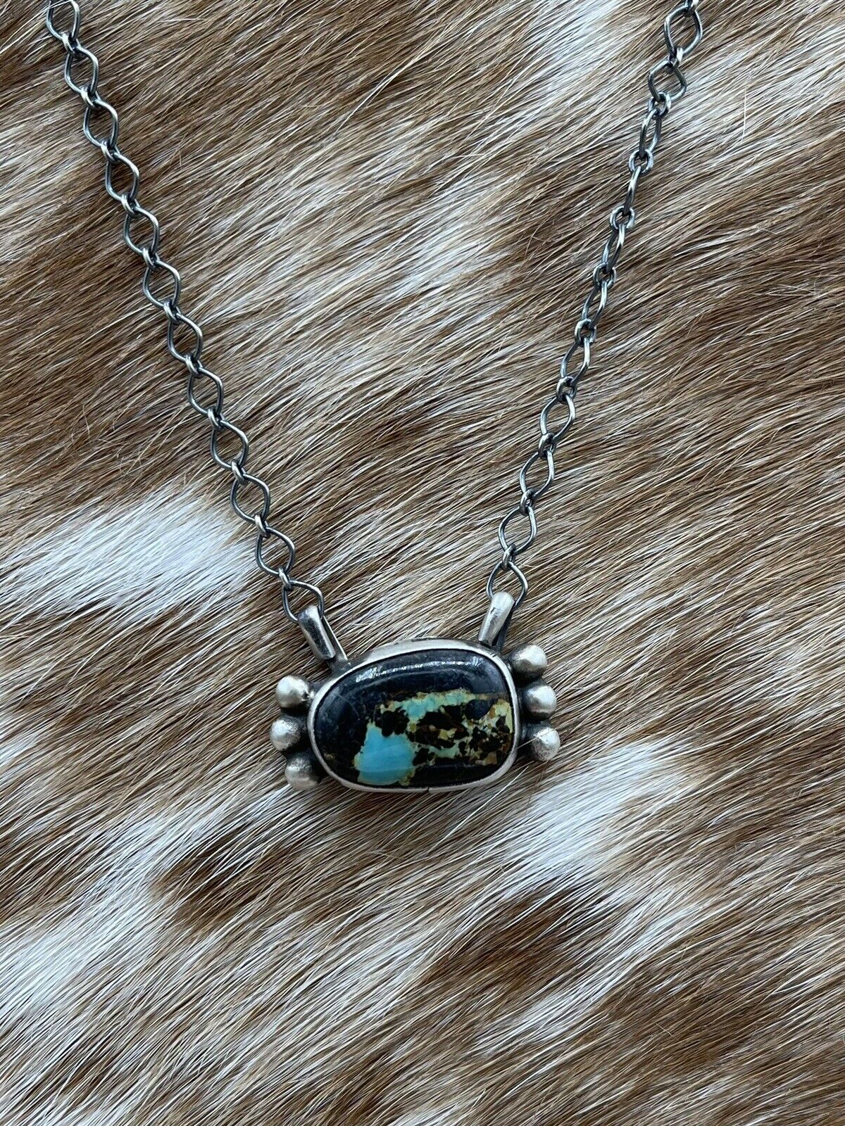 Native American Navajo Handmade Silver Blackjack Turquoise Bar Necklace 18”