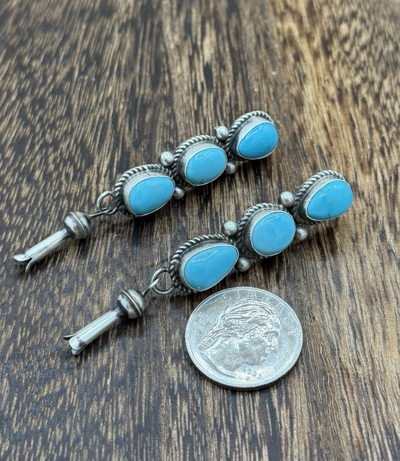 Navajo Handmade Sterling Silver Kingman Turquoise Blossom Post Dangle Earrings