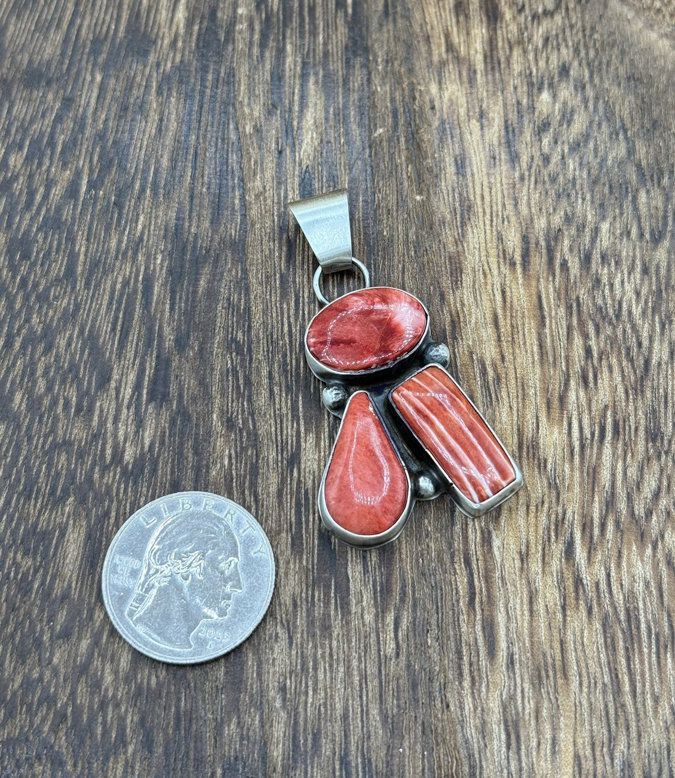 Navajo Handmade Sterling Silver Red Spiny Oyster Shell Cluster Drop Pendant