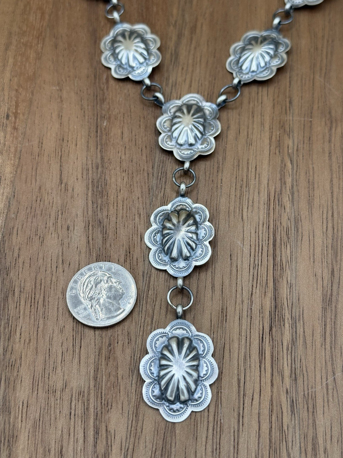 Navajo Handmade Sterling Silver Stamped Concho Old Look Lariat Necklace Set 24”
