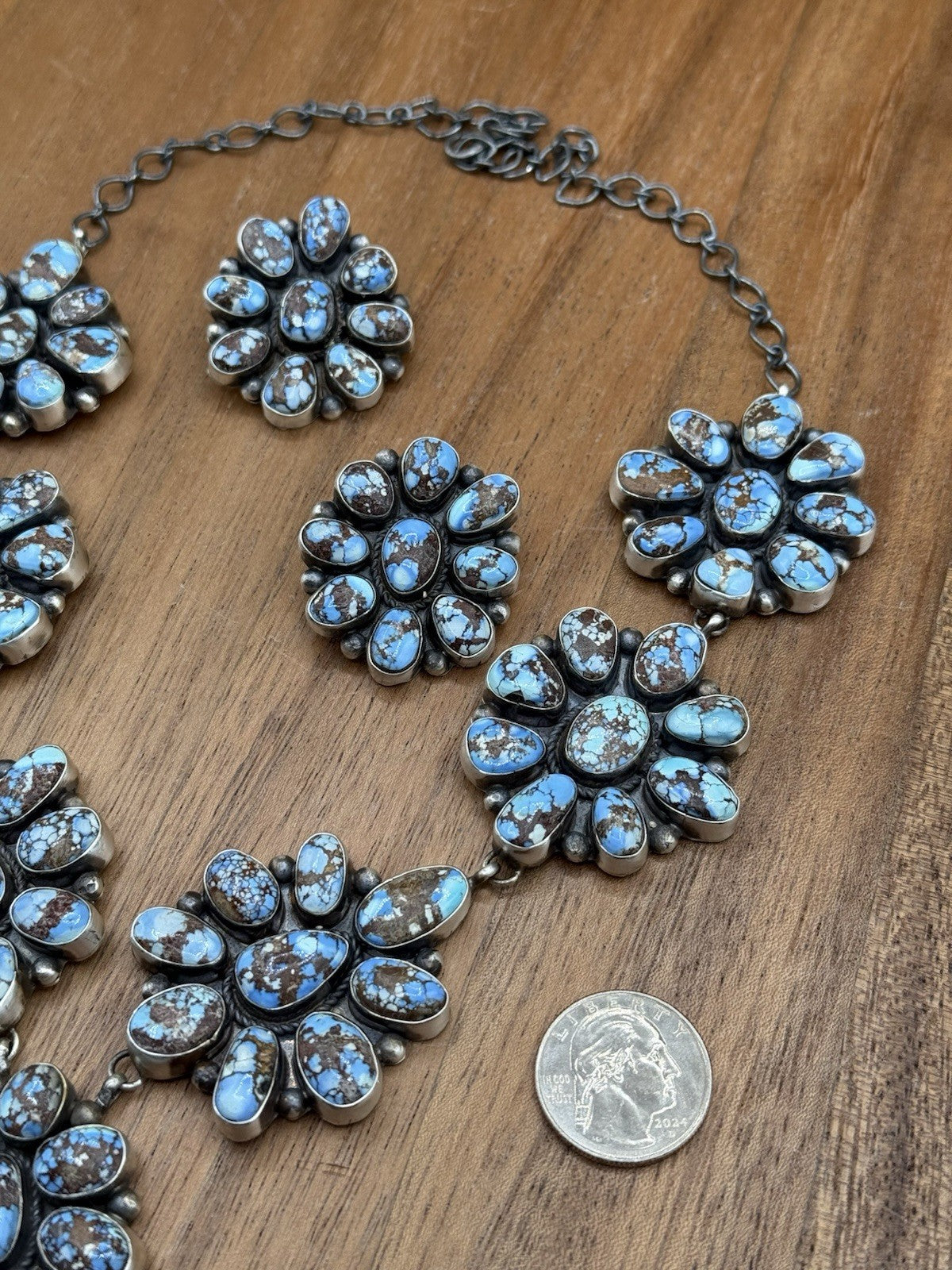 Native Navajo Handmade Silver Golden Hills Turquoise Cluster Lariat Necklace 24”