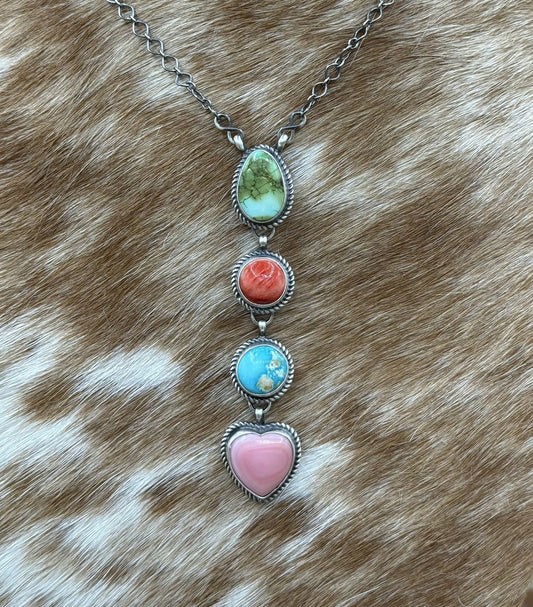 Navajo Handmade Sterling Silver Multi Color Mixed Stone Lariat Necklace 18”