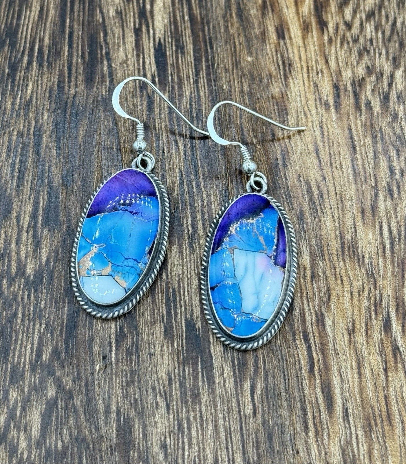 Navajo Handmade Sterling Silver Violet Rose & Blue Dahlia Dangle Drop Earrings
