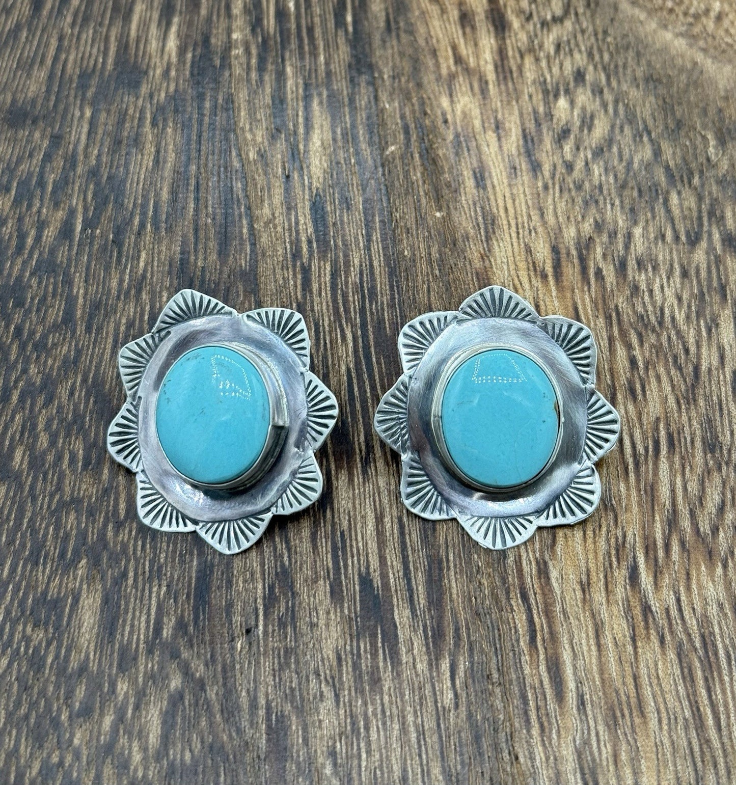 Navajo Handmade Sterling Silver Blue Glacier Turquoise Stamped Post Earrings