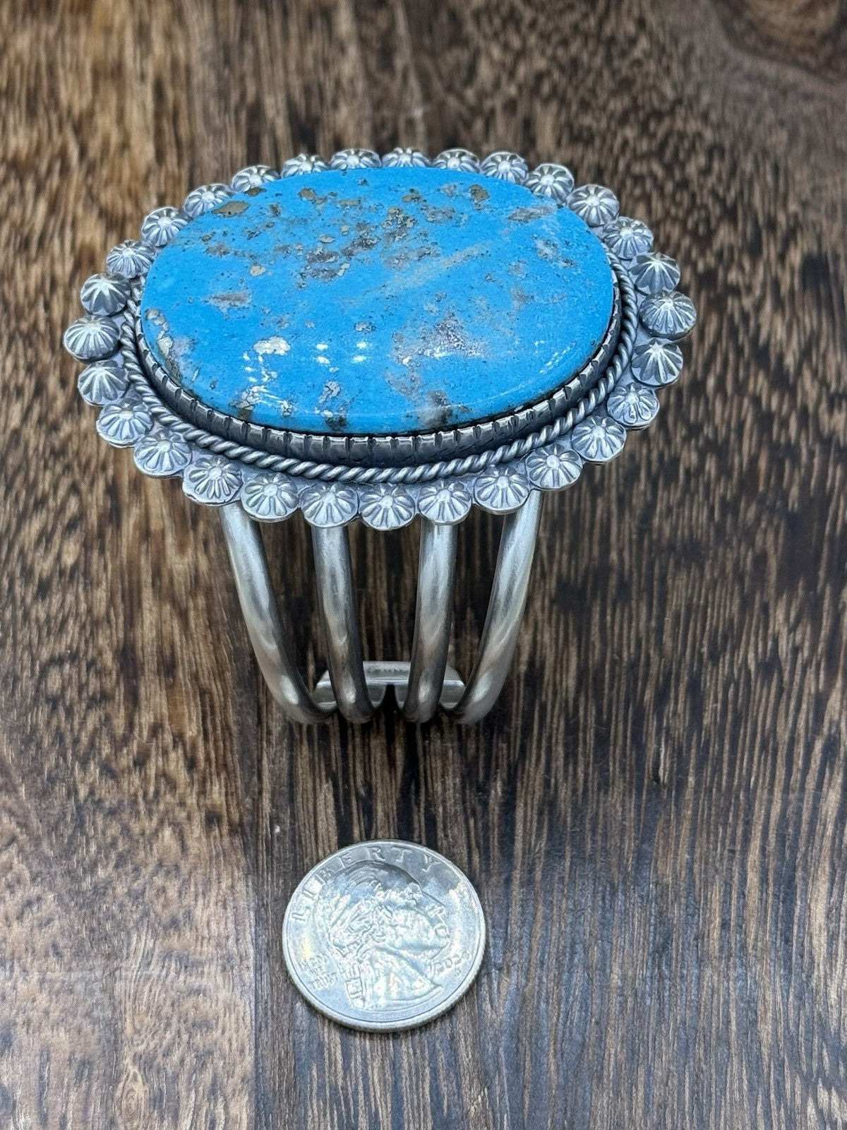 Native Navajo Handmade Sterling Silver Morenci Turquoise Old Look Cuff Bracelet