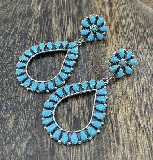 Navajo Handmade Sterling Silver Turquoise Cluster Post Drop earrings Large
