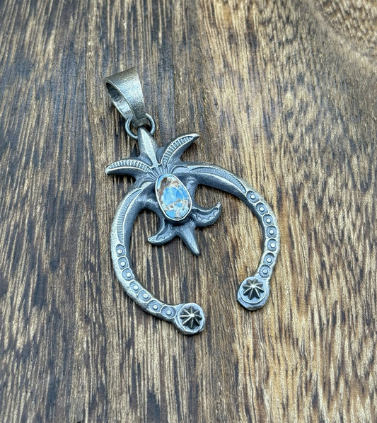 Navajo Handmade Sterling Silver Old Look Golden Hills Turquoise Naja Pendant