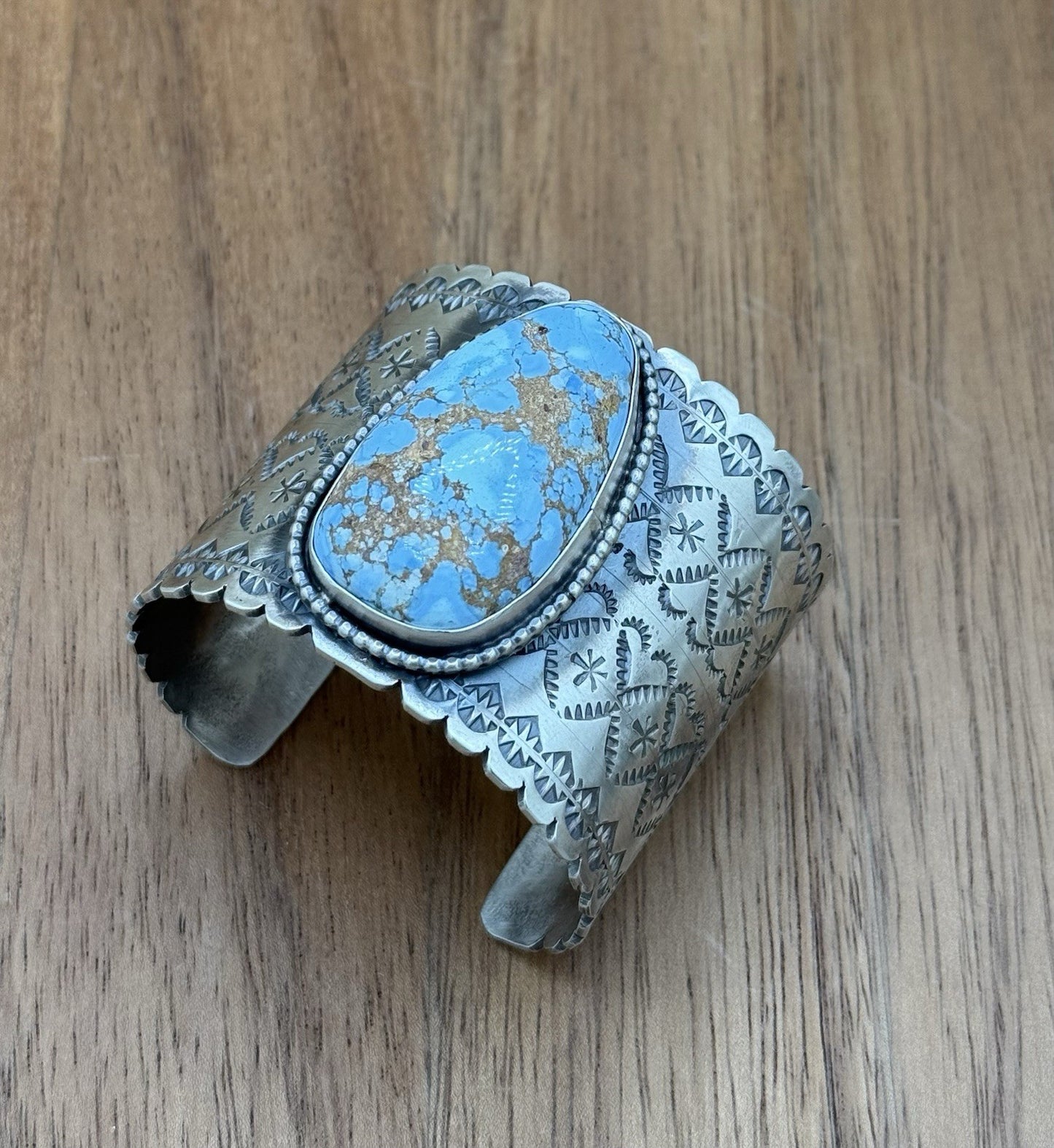 Navajo Handmade Sterling Silver Golden Hills Turquoise Stamped Cuff Bracelet