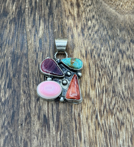 Navajo Handmade Sterling Silver Multi Color Turquoise Spiny Cluster Pendant