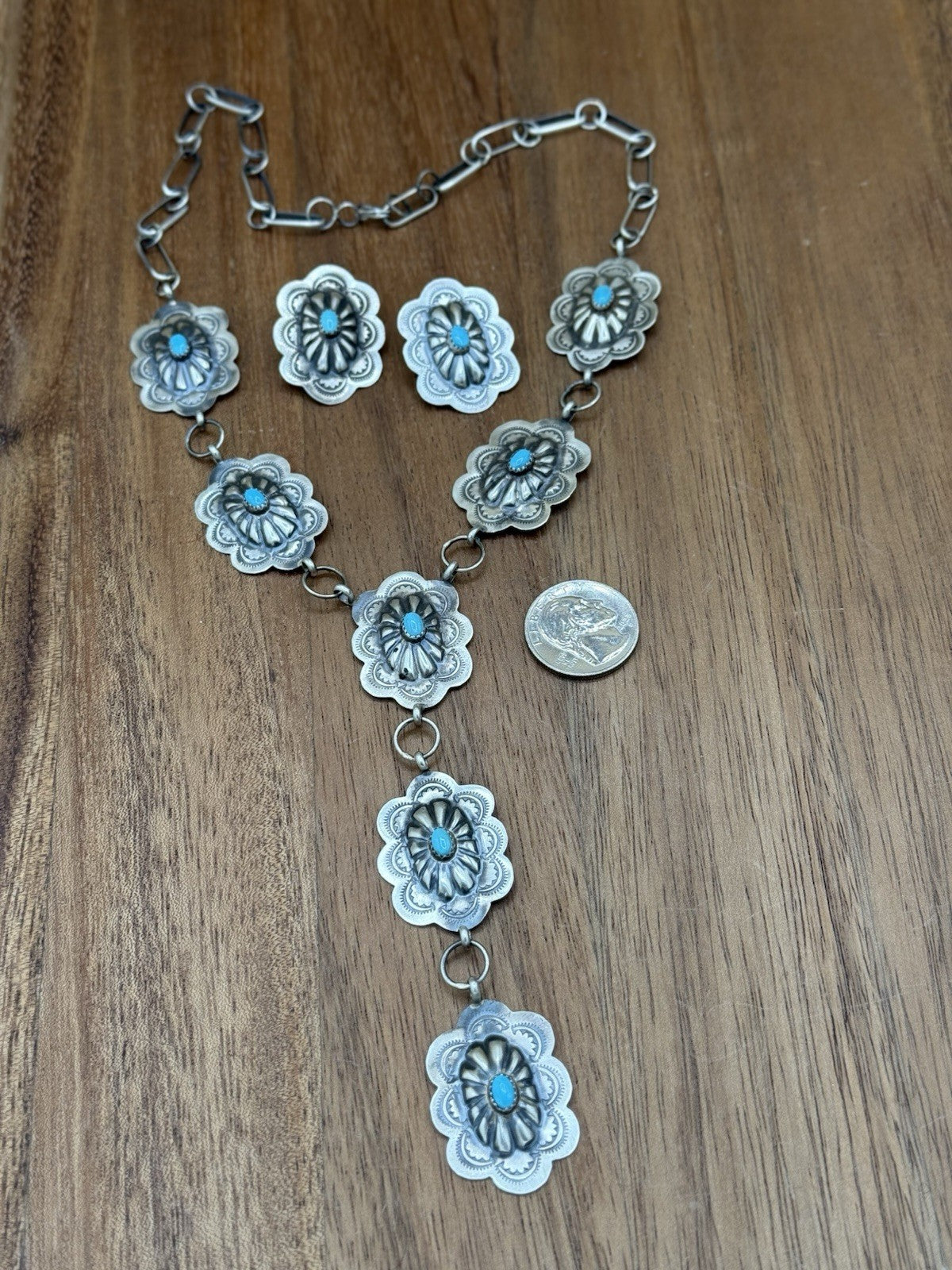 Navajo Handmade Sterling Silver Stamped Concho Turquoise Lariat Necklace Set 20”