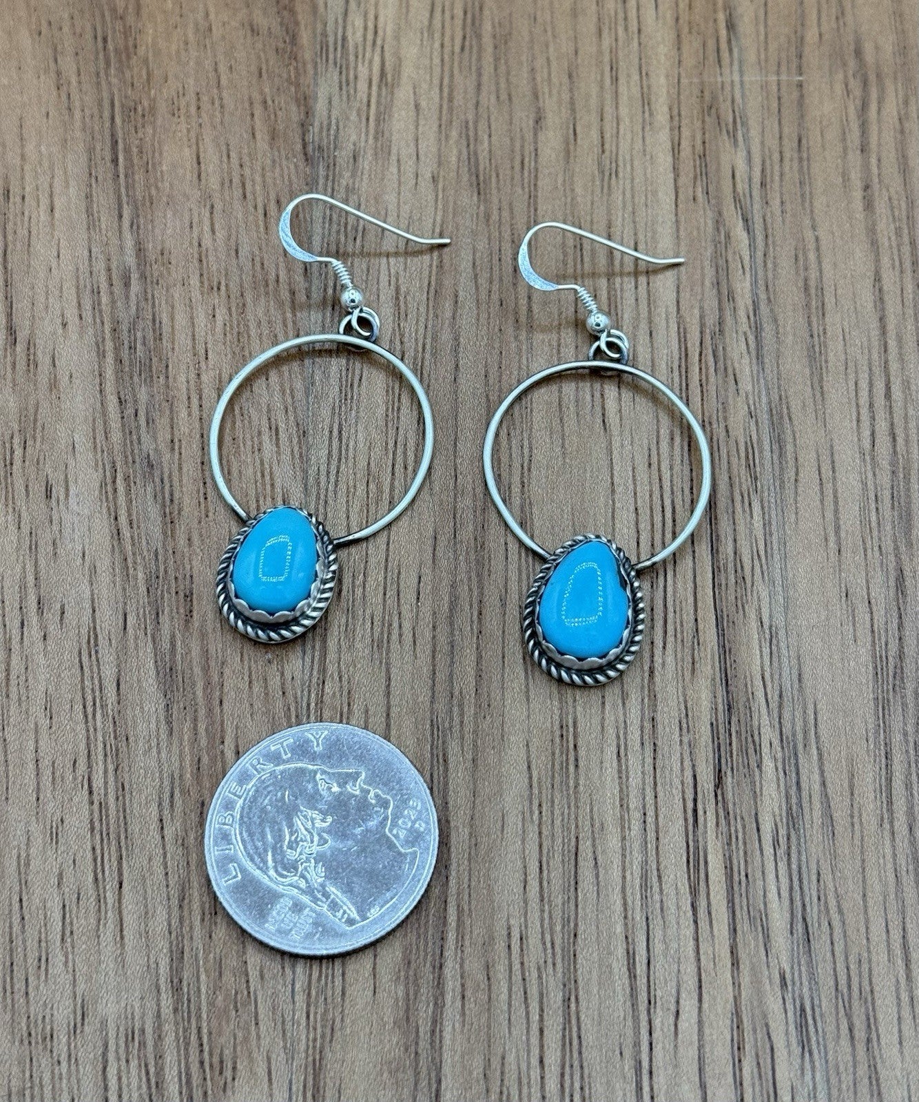 Navajo Handmade Sterling Silver Kingman Turquoise Hoop Dangle Drop Earrings