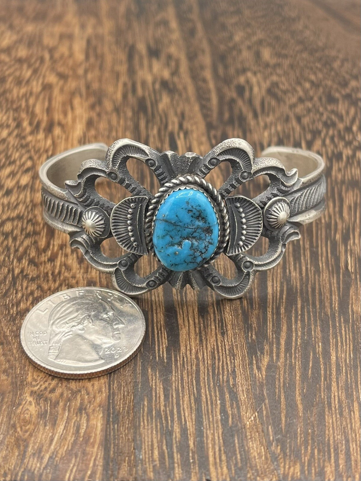 Native American Sterling Silver Navajo Handmade Kingman Turquoise Cuff Bracelet