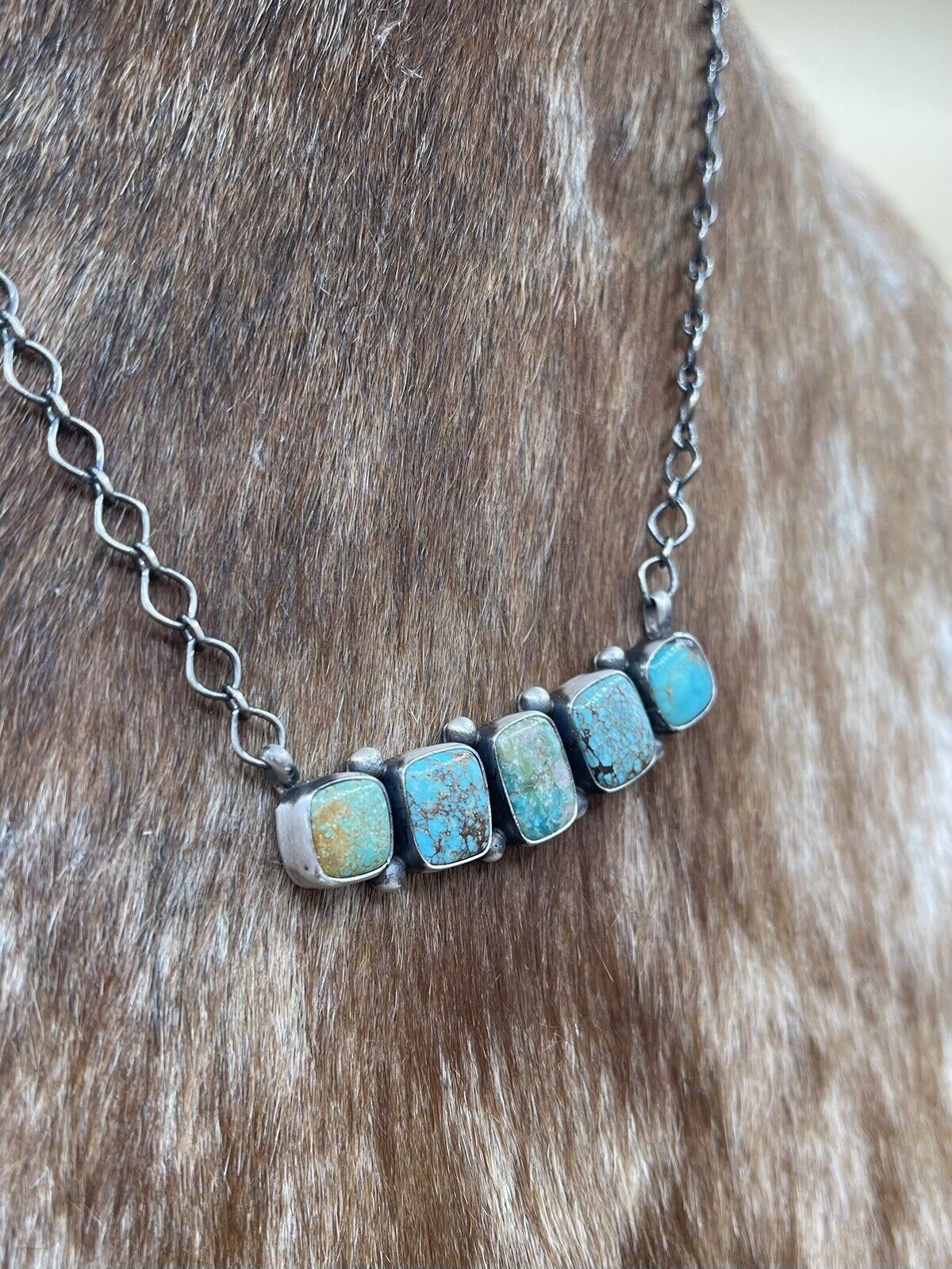 Native American Navajo Handmade Sterling Silver Mixed Turquoise Bar Necklace 18”