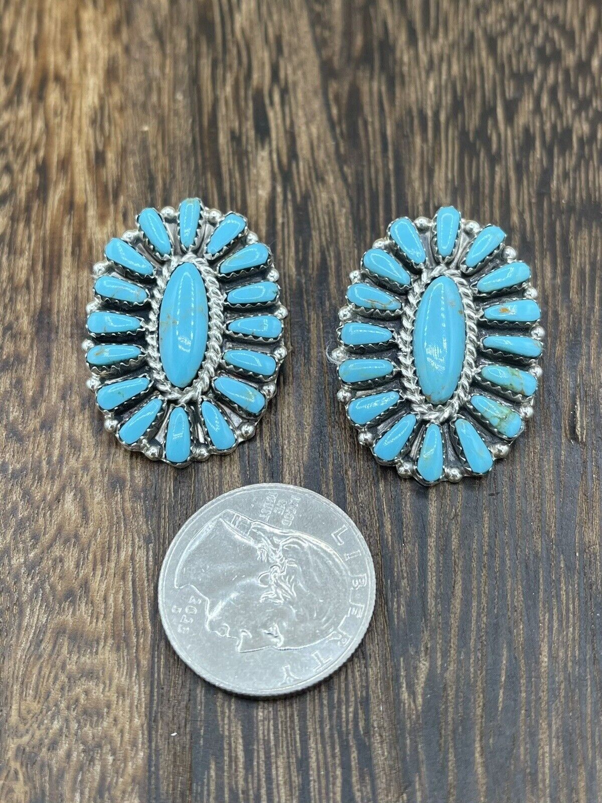 Native American Navajo Handmade Sterling Silver Turquoise Cluster Stud Earrings