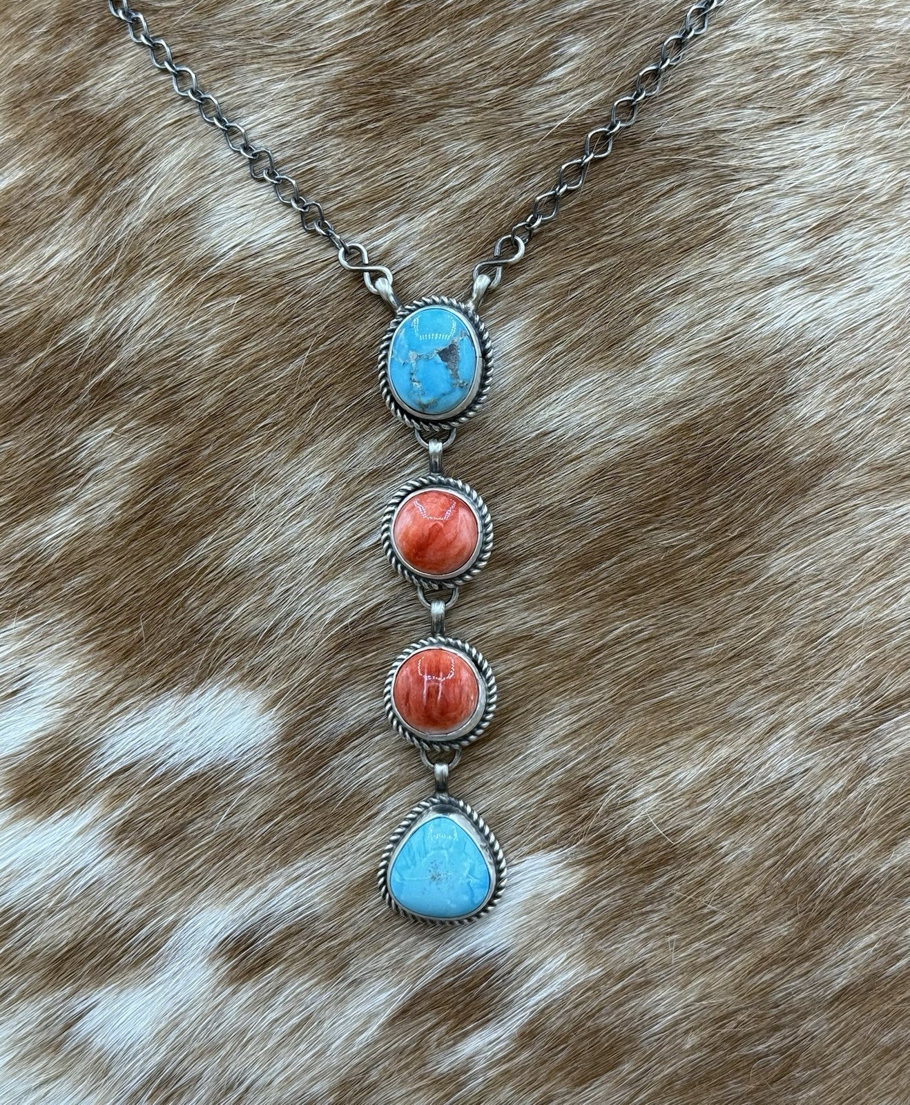 Navajo Handmade Sterling Silver Multi Color Mixed Stone Lariat Necklace 18”